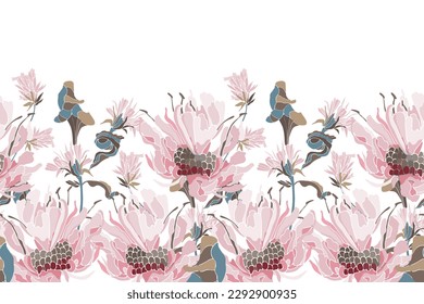 Patrón vectorial sin soldadura floral, borde. Ilustración panorámica horizontal con flores rosadas y hierbas en un fondo blanco. Diseño floral para superficies decorativas, diseños, banners y más.