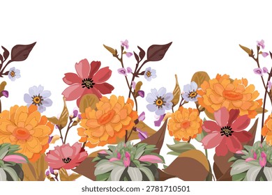 Vector floral seamless pattern, border. Garden flowers on a white background. Flower pattern