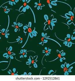 Vector floral seamless pattern. Botanical illustration with daisy flowers. Colorful sketch made of marker in doodle style. Plane simple flower silhouettes. Good for bedding, fabric, textile, surface.