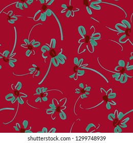 Vector floral seamless pattern. Botanical illustration with small daisy flowers. Colorful sketch made of marker in doodle style. Plain simple flower silhouettes. Good for fabric, textile, surface.