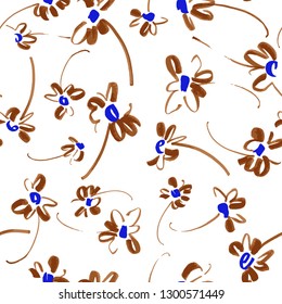 Vector floral seamless pattern. Botanical illustration with small daisy flowers. Colorful sketch made of marker in doodle style. Plane simple flower silhouettes. Good for fabric, textile, surface.
