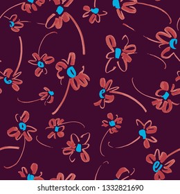 Vector floral seamless pattern. Botanical illustration with daisy flowers. Colorful sketch made of marker in doodle style. Plane drawing, flower silhouettes. Good for bedding, fabric, textile, surface