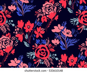 Vector floral seamless pattern. Botanical background. Flowers repeat design. Cute composition with abstract blooming elements. Flower template for banner, wrapping paper, posters, prints, cover.