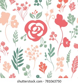 Vector floral seamless pattern. Botanical background with flowers, leaves, branches, plant, petals, berry. Ideal for fabric, textile, wrapping paper, prints, cover. 