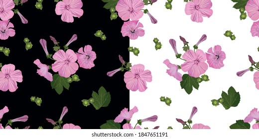 Patrón vectorial sin costuras florales, ramo de flores petunias rosas, sobre un fondo blanco y oscuro, brotes florales con hojas verdes en un estilo realista para tela, diseño textil,