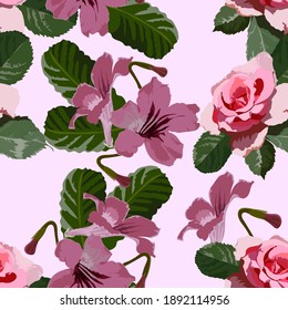 Vector floral seamless pattern, bouquet of pink Streptocarpus flowers and a rose, on a light background for the design of textiles, fabric, wrapping paper.
