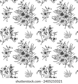 Vector floral seamless pattern with bouquet flowers of Clematis black and white. Hand drawn elements Monochrome. Elegant vintage background for design