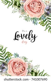Vector floral seamless pattern bouquet design garden pink peach lavender Rose wax flower Eucalyptus branch green fern palm leaves succulent berry illustration Watercolor designer vertical border frame