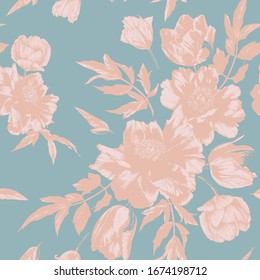 Vector floral seamless pattern with bouquets of tulips and peonies
