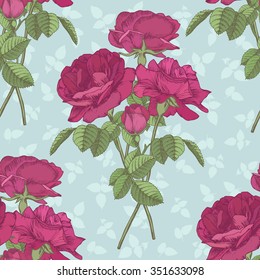 Vector floral seamless pattern with bouquets of dark pink roses in vintage style