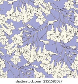 Vector Floral seamless pattern branch of Jacaranda flowers. Beige fill elements on purple background. Toile art Hand drawn illustration for design packaging, textile, wallpaper, fabric