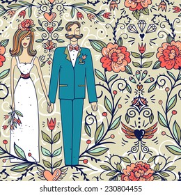 vector floral seamless pattern with bride,groom and blooming roses