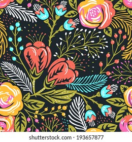 vector floral seamless pattern with bright blooming flowers