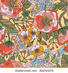 vector floral seamless pattern with bright blooming roses