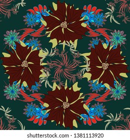 Vector floral seamless pattern. Brown, black and green background with flowers pattern.