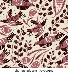 vector floral seamless pattern with brown flying birds and berries