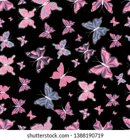 Vector floral seamless pattern with butterflies. Illustration in neutral, black and pink colors. Suitable for paper, fabric, packaging.