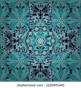 Vector floral seamless pattern with butterflies. Illustration in blue, black and neutral colors. Suitable for paper, fabric, packaging.