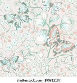 vector floral seamless pattern with butterflies and blooming flowers