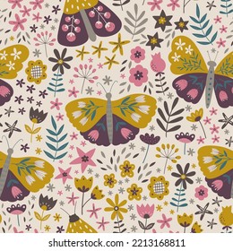 Vector floral seamless pattern with butterflies. Wild flowers on beige background. Beautiful summer floral repeat background. Floral print design for textiles, wrapping paper, gift paper, fabric.