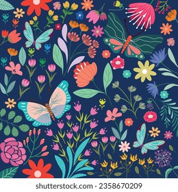 Patrón vector floral sin soldadura con mariposas