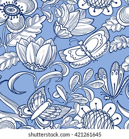 Vector floral seamless pattern with butterflies in doodle line art style