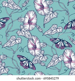 vector floral seamless pattern with butterflies and blooming bindweed in vintage style