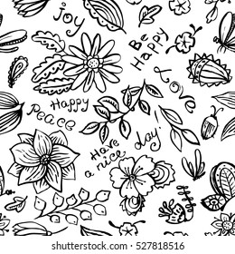 Vector floral seamless pattern with butterfly and dragonfly in doodle line style. Hand drawn artistic ink illustration with insects and flowers. Design element for backgrounds and textile, wrapping