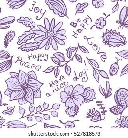 Vector floral seamless pattern with butterfly and dragonfly in doodle line style. Hand drawn artistic ink illustration with insects and flowers. Design element for backgrounds and textile, wrapping