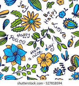Vector floral seamless pattern with butterfly and dragonfly in doodle line style. Hand drawn artistic ink illustration with insects and flowers. Design element for backgrounds and textile, wrapping