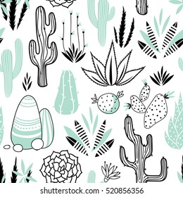 Vector floral seamless pattern with cactuses and succulents