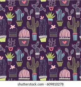 Vector floral seamless pattern with cactuses