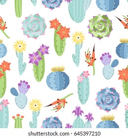 Vector floral seamless pattern with cactuses and succulents on a white background