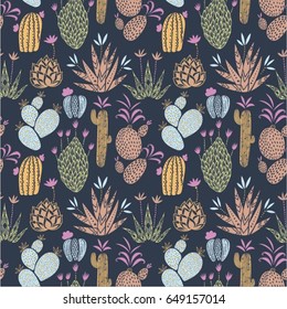 Vector floral seamless pattern with ccolorful cute cactuses