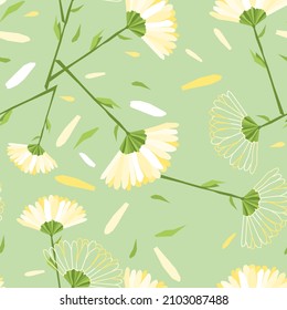 Vector floral seamless pattern. Chamomile, daisies with leaves. Design for fabric, posters, wallpaper, banners, textiles, packaging, wrapper.