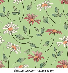 Vector floral seamless pattern with chamomile flowers, leaves isolated on green background. Hand-drawn illustrations perfect for fabric, textile, card decoration, wrapping paper, cover, packaging.