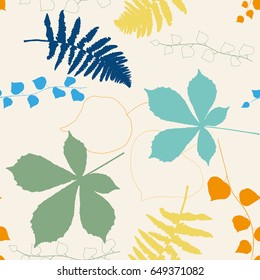 Vector floral seamless pattern with chestnut tree , ivy and fern leaves. Simple hand drawn leaves outlines in pastel colors on beige background .