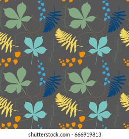 Vector floral seamless pattern with chestnut tree , ivy and fern leaves. Simple hand drawn leaves outlines in yellow, orange, green and blue on  gray background .
