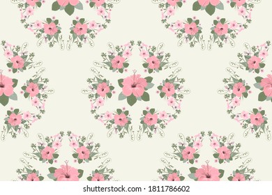 Vector floral seamless pattern in a circle, pink Hibiscus flower in the center background, feminine motive for fabric design, hijab, scarf, textile, wallpaper, wrapping paper,