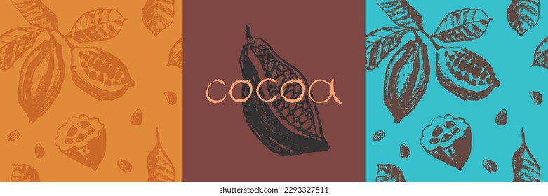 Vector floral seamless pattern with cocoa bean hand-drawn illustrations. Cacao beans wallpaper for chocolate packaging design, cocoa powder label, organic cacao butter backdrop. Cocoa plant ornament.
