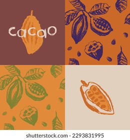 Vector floral seamless pattern with cocoa bean hand-drawn illustrations. Cacao beans wallpaper for chocolate packaging design, cocoa powder label, organic cacao butter backdrop. Cocoa plant ornament.