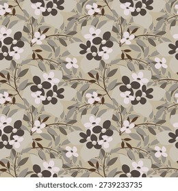 Vector floral seamless pattern. Coffee-colored flowers and leaves on a gray-brown background. 