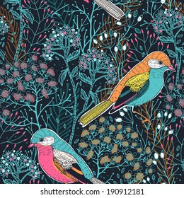 vector floral seamless pattern with colored birds and blooming plants