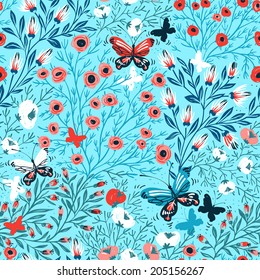 vector floral seamless pattern with colored flowers and butterflies