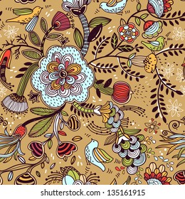 vector floral  seamless  pattern with colorful fantasy flowers and plants