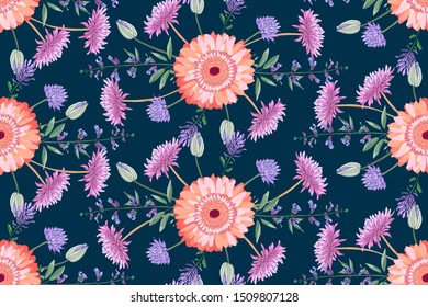 Vector floral seamless pattern. Colorful autumn asters, sage, golden-daisy,  chrysanthemum, zinnia on the deep purple field. Isolated flowers and 
 leaves. 