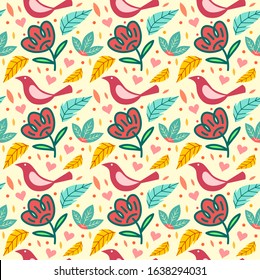 Vector floral seamless pattern, colorful blooming flowers, leaves and bird seamless pattern design template, suitable for background, wallpaper, decoration