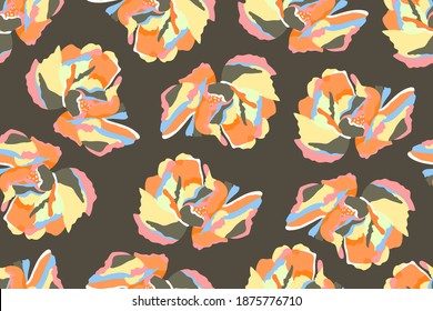 Vector floral seamless pattern. Colorful abstract flowers on a brown background. Vintage style.