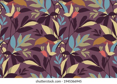 Vector floral seamless pattern. Colorful leaves isolated on a purple background.