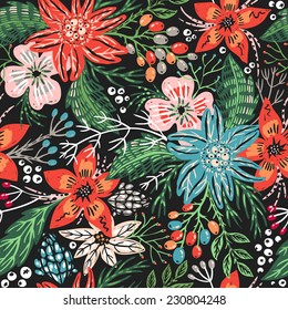 Vector Floral Seamless Pattern With Colorful Christmas Flowers